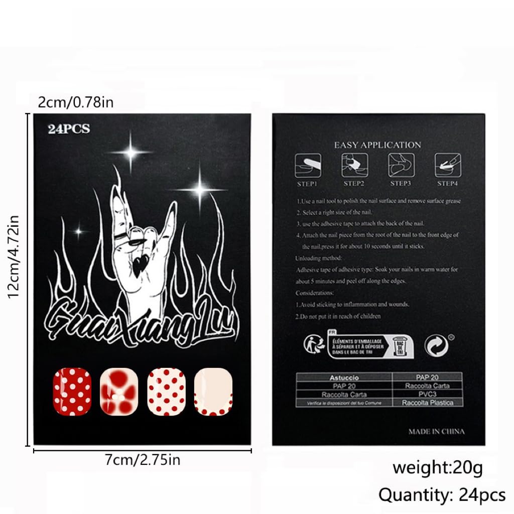 Short Press on Nails Square - Red Fake Nails with Polka Dot Design - Flower Full Cover Stick on Nails - for Women Winter Manicure 24 Pcs