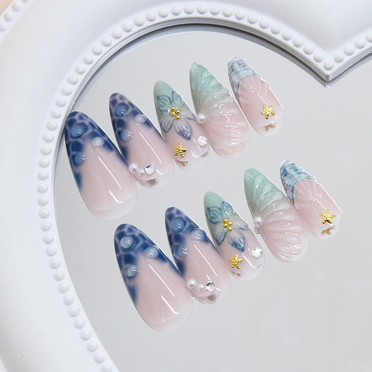 Summer Blue Press on Nails Long Almond Fake Nails French Nails Press ons with Flower,Seashell Design Reusable Artificial Nails Full Cover Stick on Nails for Women Manicure 24Pcs