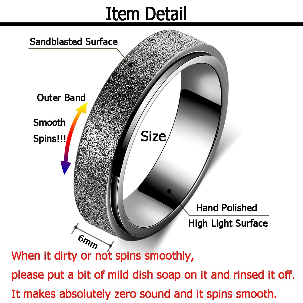 Titanium Stainless Steel Fidget Spinner Anxiety Ring for Women Men Black Size 7 Width 6MM Sand Blasted Finish