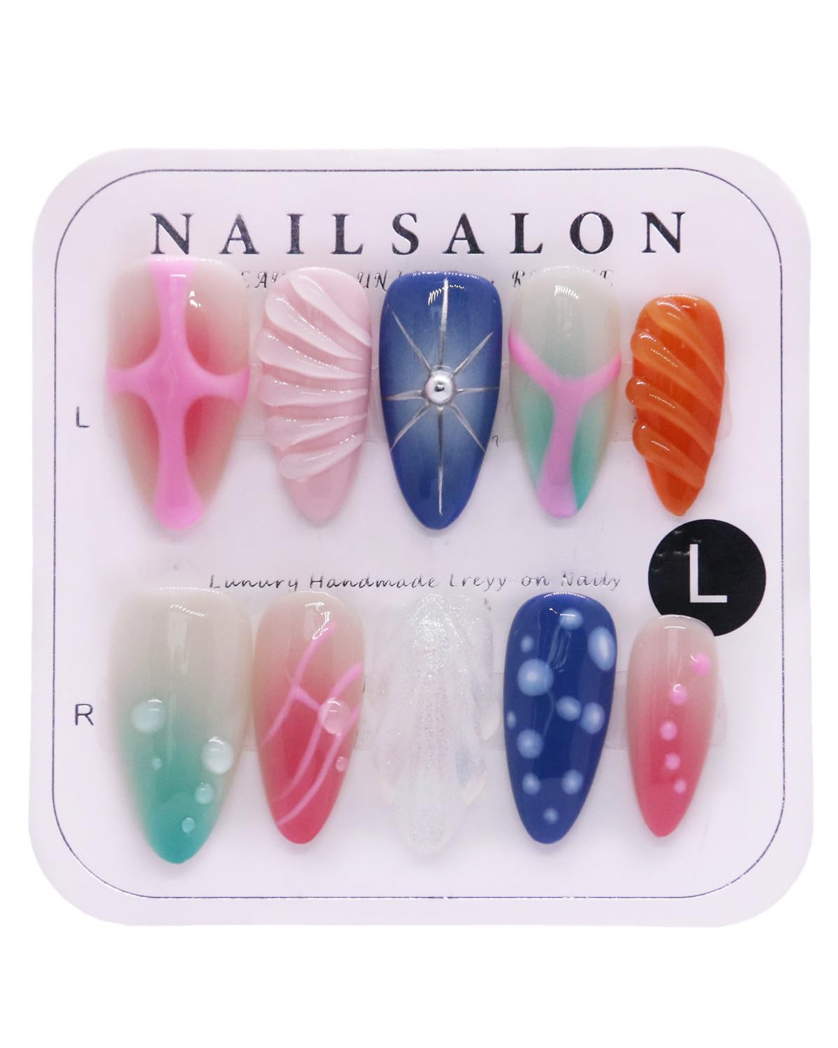CAMILCY Handmade Nails Press on Long pointed tip Pink Hand Painted Reusable Gel UV Finished Pre Shaped False Nails for Women 10pcs 3D Glitzadora Handmade Nails (A089, S)