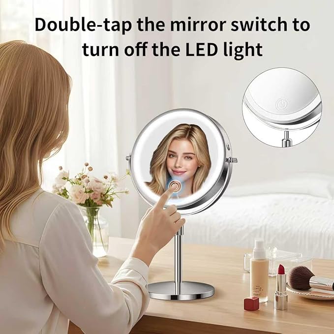 Makeup Mirror, 1X/30X Double Sided Magnifying Mirror/Switch with 3 Colors, 3200 mAh Rechargeable, 8" Lighted Makeup Mirror with Magnification, Adjustable Brightness, for Vanity or Bathroom