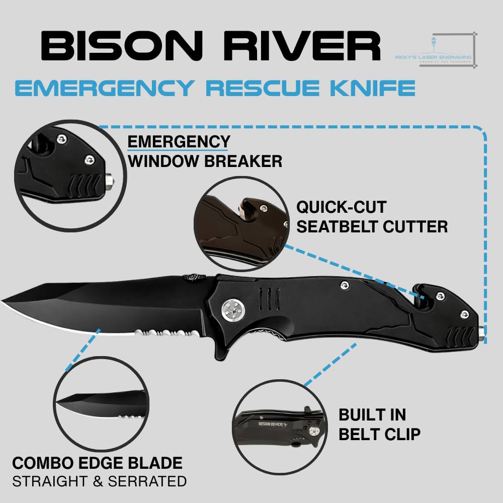 Black Firefighter Rescue Knife – Emergency Window Breaker, Seatbelt Cutter, Combo Edge Blade – Firefighter Tools & Firefighter Gifts for Men – Tactical Firefighter Knife with Belt Clip
