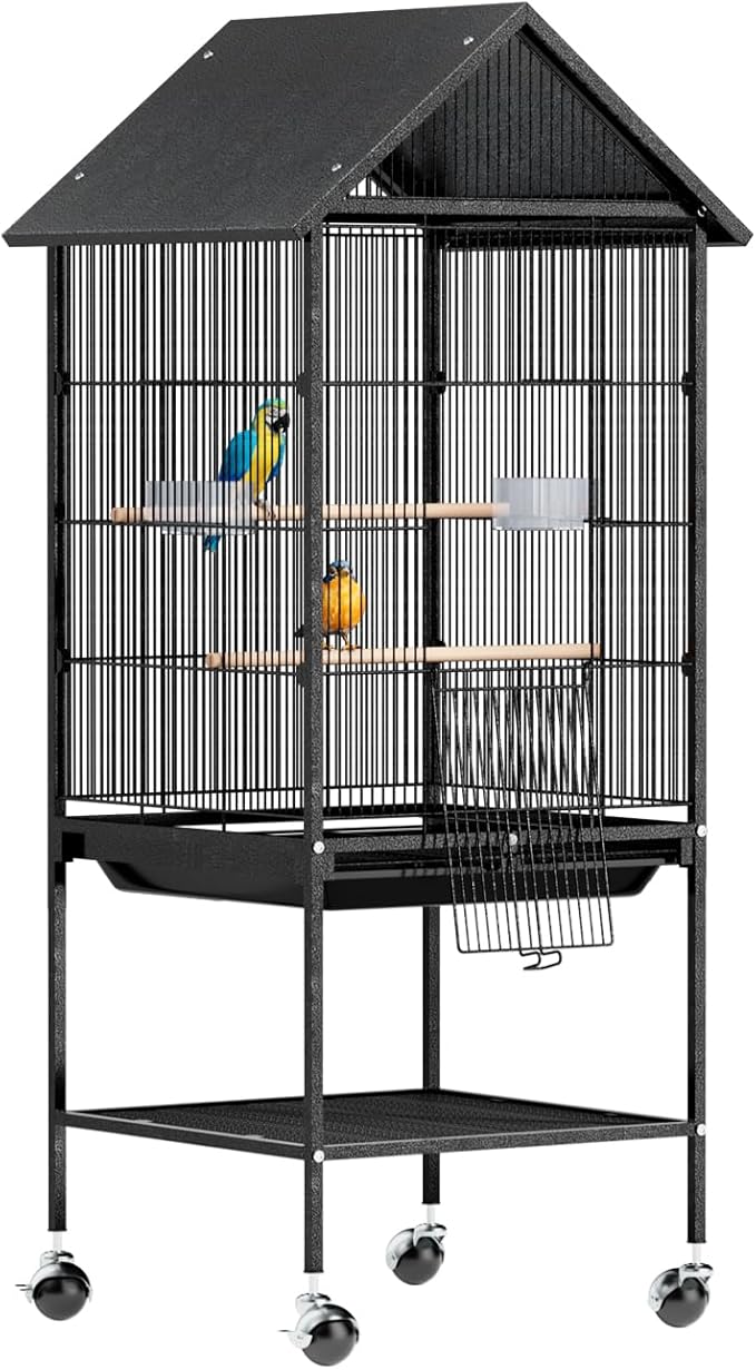 VINGLI 50" H Bird Cage, Bird Cages with Wheels for Parrots, Cockatiels, Budgies, Lovebirds, Small/Medium Birds (50" H with Spire Roof)