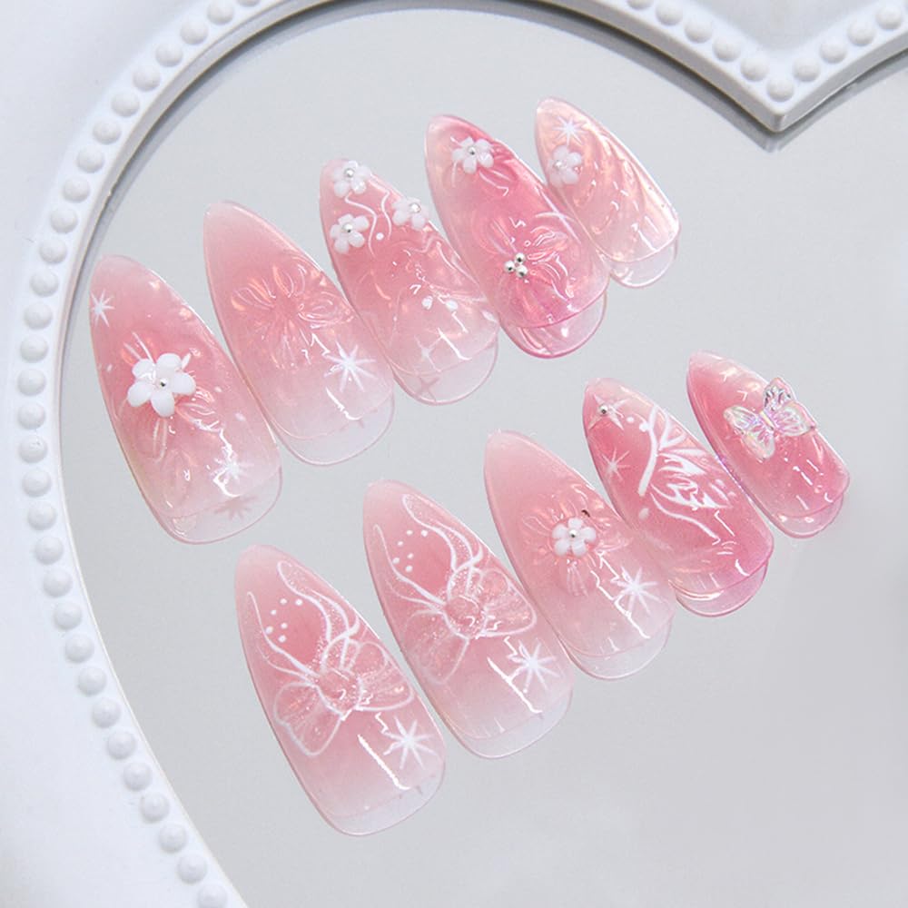 24 Pcs Clear Pink Press on Nails Short Almond,MINGCHUN Summer Fake Nails Press ons Acrylic Nail Art Tips Kit Full Cover False Nails Glue on Nails with 3D Flowers Butterfly Bow Design for Women
