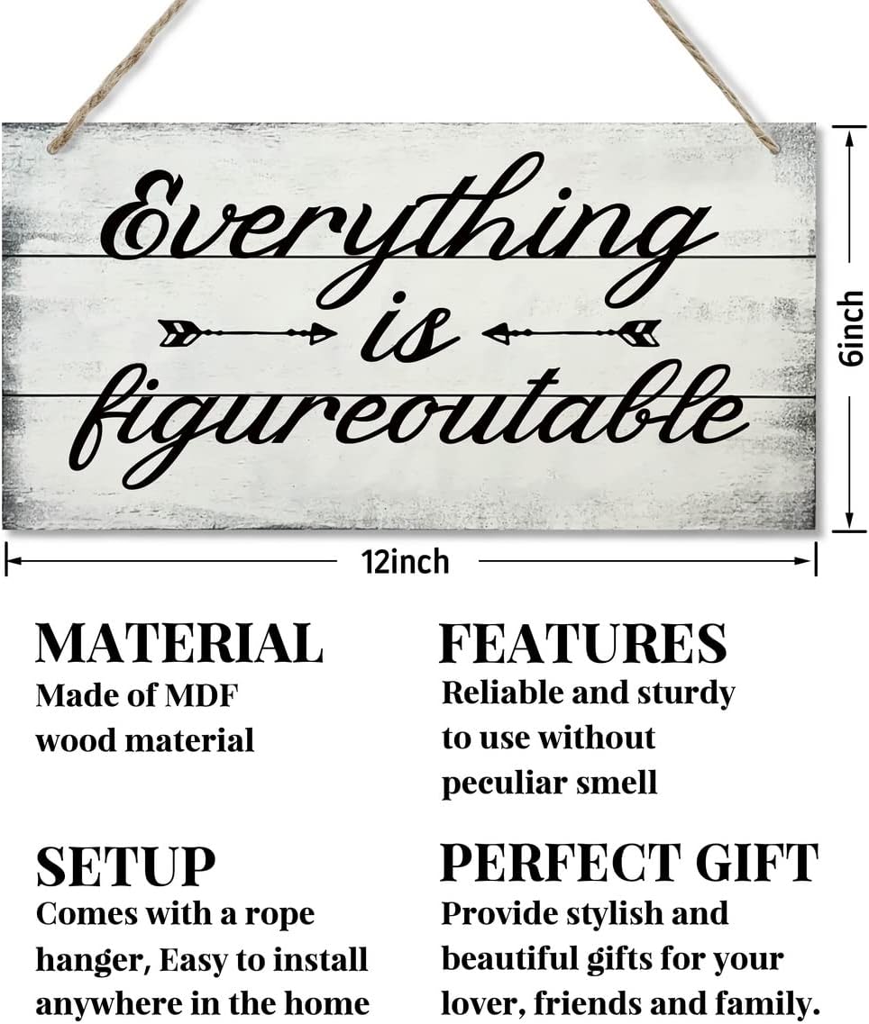 Everything is Figureoutable Decor Sign, Printed Wood Wall Art Sign, Funny Home Signs Decor, Hanging Wood Sign Home Decorative, Rustic Farmhouse Inspirational Wood Sign Decor Wall Art 12x6 in