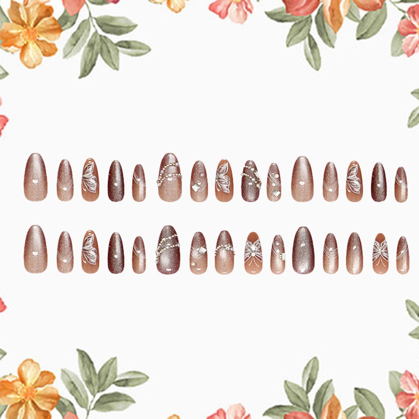 TBRZTR Press on Nails Medium Artificial Almond Acrylic False Nails 3D Butterfly with Rhinestones Pearl Glitter Stick on Nail Full Cover Reusable Coffin Artificial Fingernails for Women Manicure 24Pcs