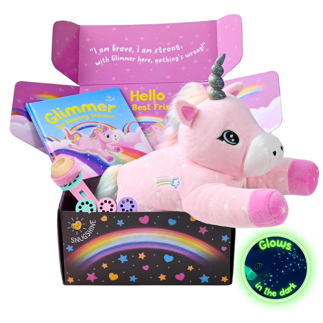 SNUGSHINE Glow in the Dark Unicorn Plush with Book & Flashlight Projector, 18 Inch Unicorn Stuffed Animal and Book Set, Light Up Toy Stuffies for Girls Gift Set, Bedtime Help Sleep Aid