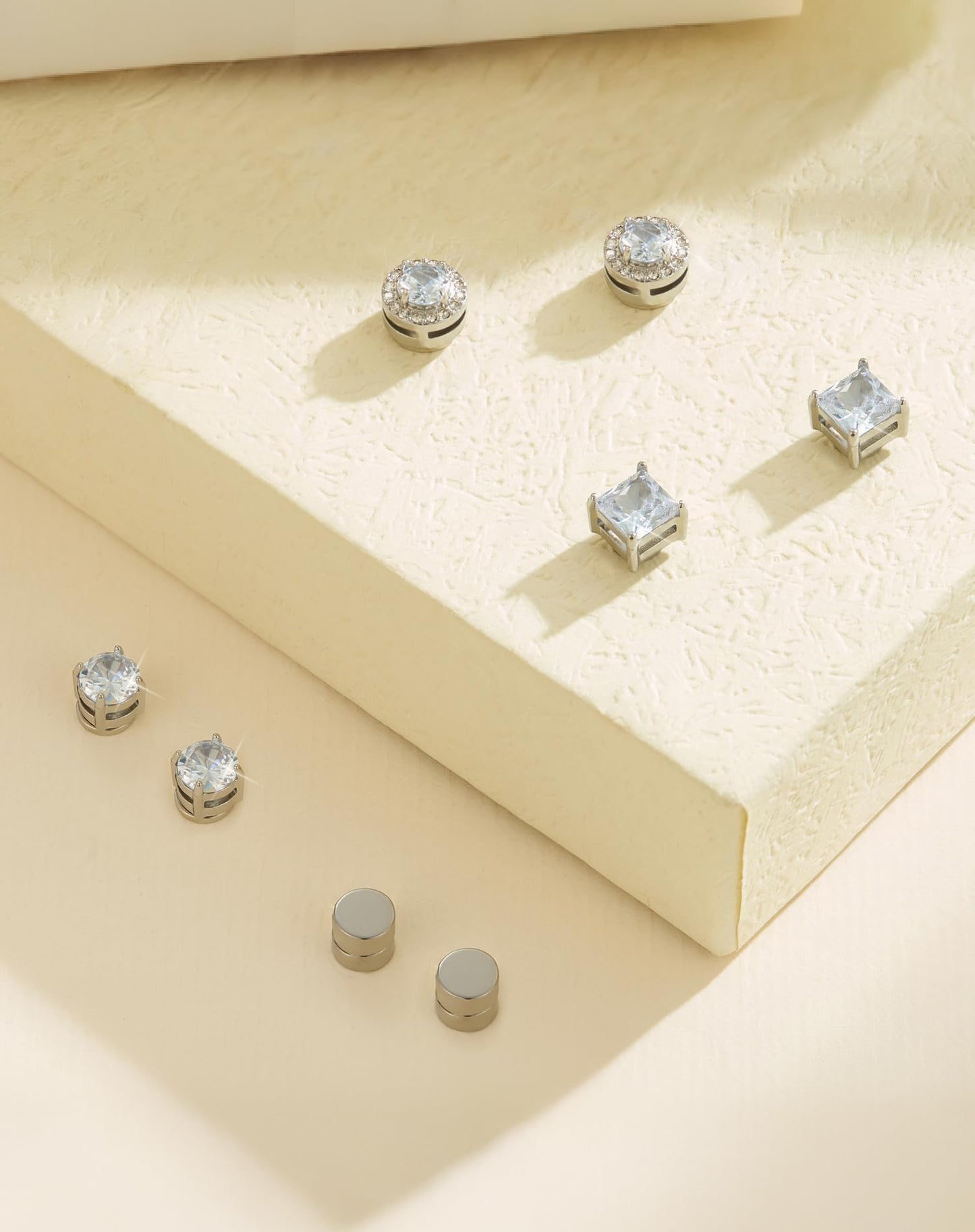 SIISPRI Magnetic Stud Earrings for Women Men, Non-piercing CZ Halo Studs, Hypoallergenic 18K Gold Plated Surgical Steel Clip on Stud Earrings Set for Sensitive Ears (Silver Tone-Set)