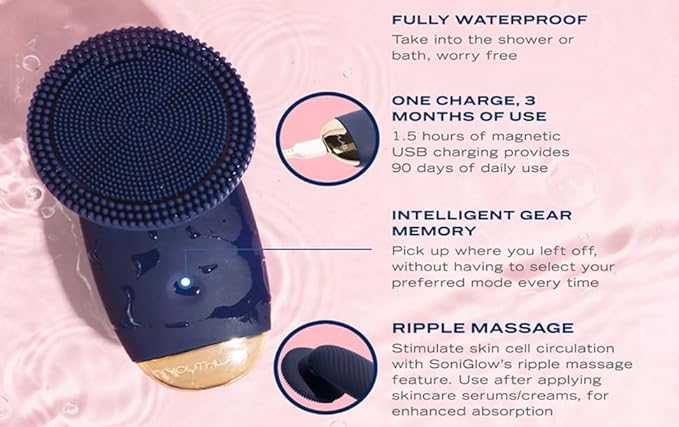 SoniGlow Silicone Facial Skin Cleansing Brush, Electric, Vibrating, Scrubber, Hygienic, Exfoliation, Massage, Firm, Tone, Blackheads, Pores, Waterproof, Rechargeable, Makeup Removal