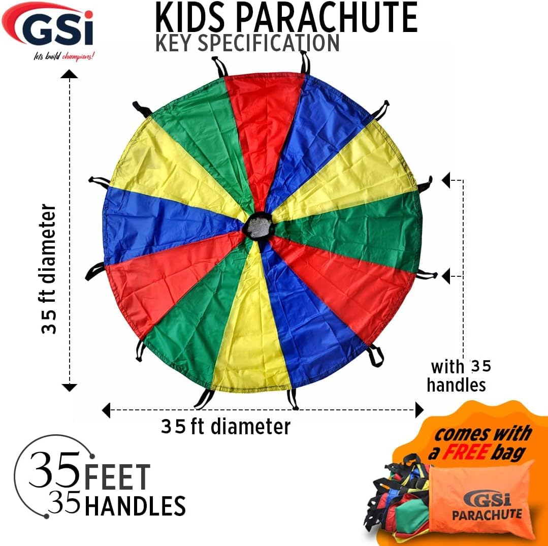 GSi Kids Play Parachute Rainbow Parachute Toy Tent Game for Children Gymnastics Cooperative Play and Outdoor Playground Activities (35 Feet)