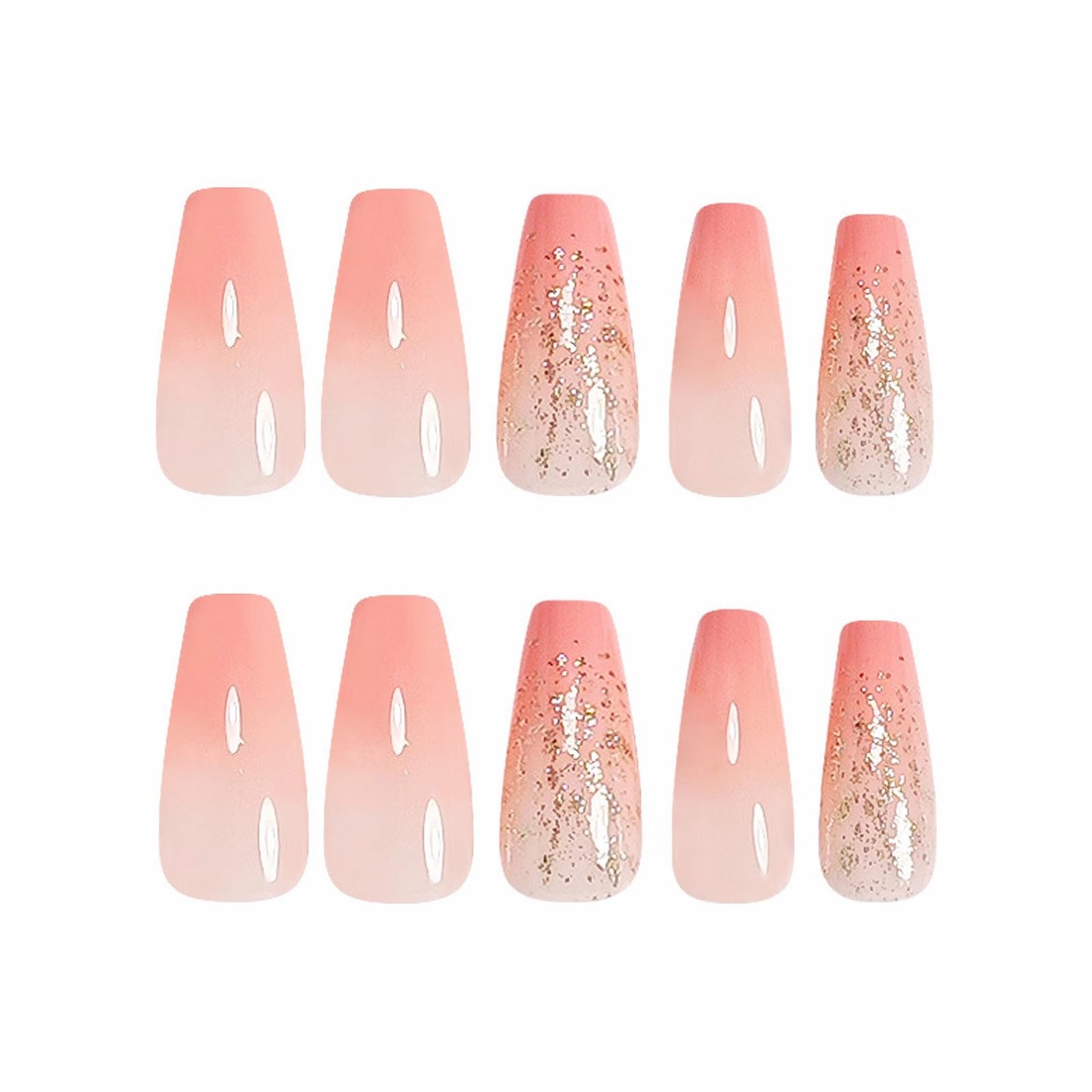 MISUD Press on Nails - Long Coffin Fake Nails with Pink Ombre, Acrylic Bling Glitter Design 24 pcs
