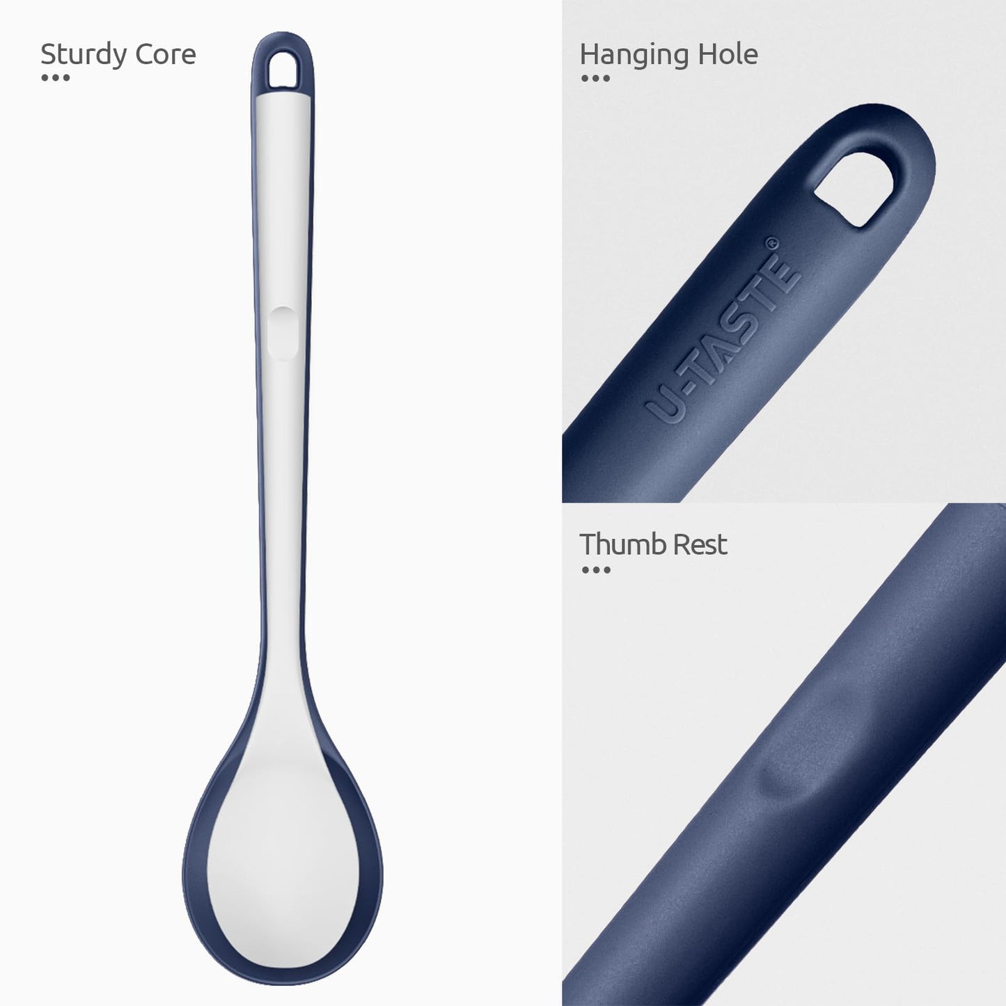 600ºF Heat Resistant Silicone Spoons: U-Taste 13.3in Solid & Slotted Kitchen Cooking Spoon, Nonstick Long Rubber Utensil, Sturdy for Mixing, Serving, Stirring, Draining (Midnight Blue, 2PCS)