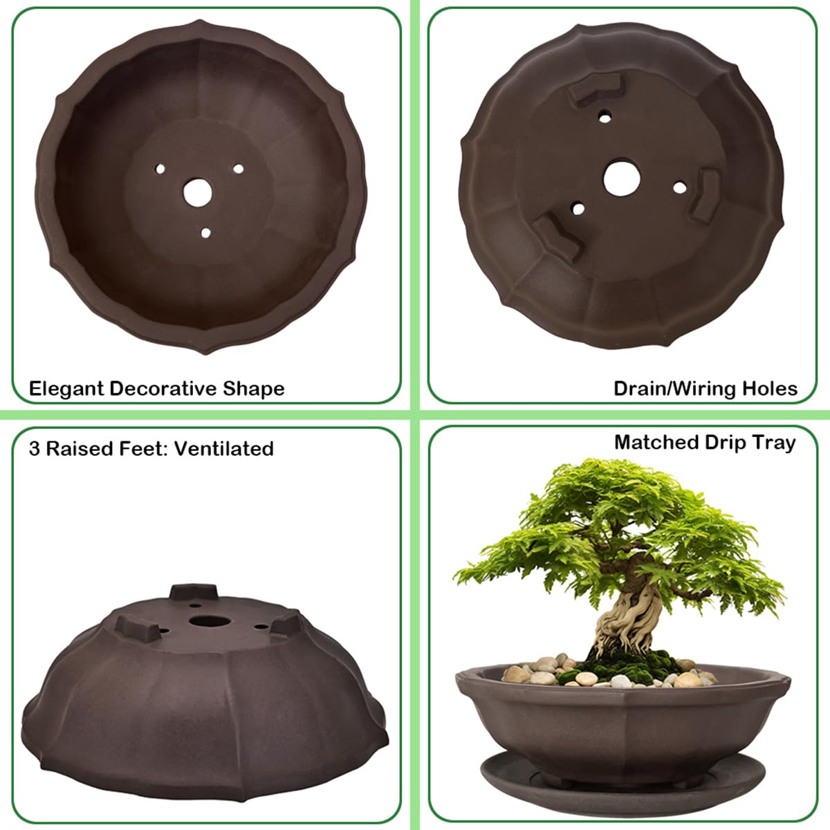 MUZHI 6.8 inch Unglazed Flower Shape Ceramic Bonsai Pot Bowl with Saucer,Classic Retro Zisha Pottery Planter Round for Tree Cactus Succulent Arrangement
