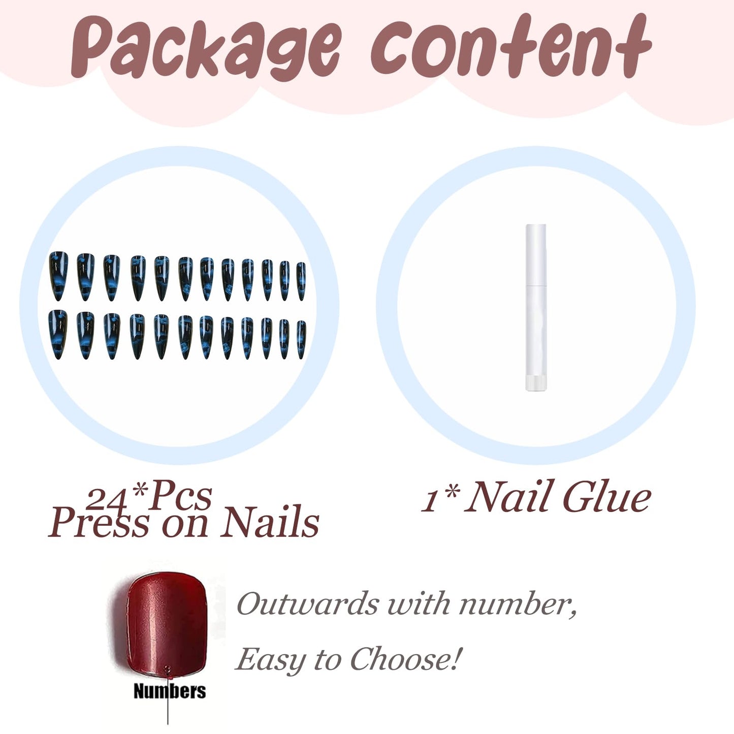 BABALAL Long Stiletto Press on Nails Almond Fake Nails Black Goth Blue Butterfly Y2k Glue on Acrylic False Nails Supplies Art 24Pcs Glossy Manicure Artificial Full Cover