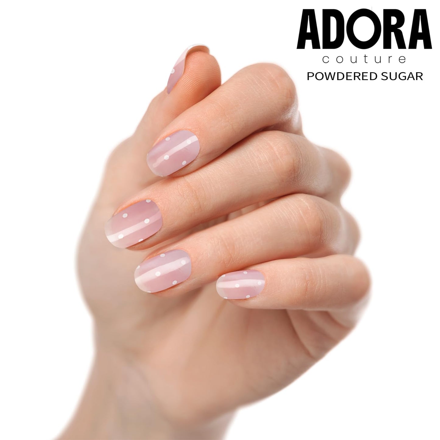 Adora Couture Semi-Cured Gel Nail Strips - 20 Salon-Quality Gel Sticker with UV Light Required, Long Lasting, Easy Application & Removal, Includes Prep Pad, Nail File, Wooden Stick – Powdered Sugar