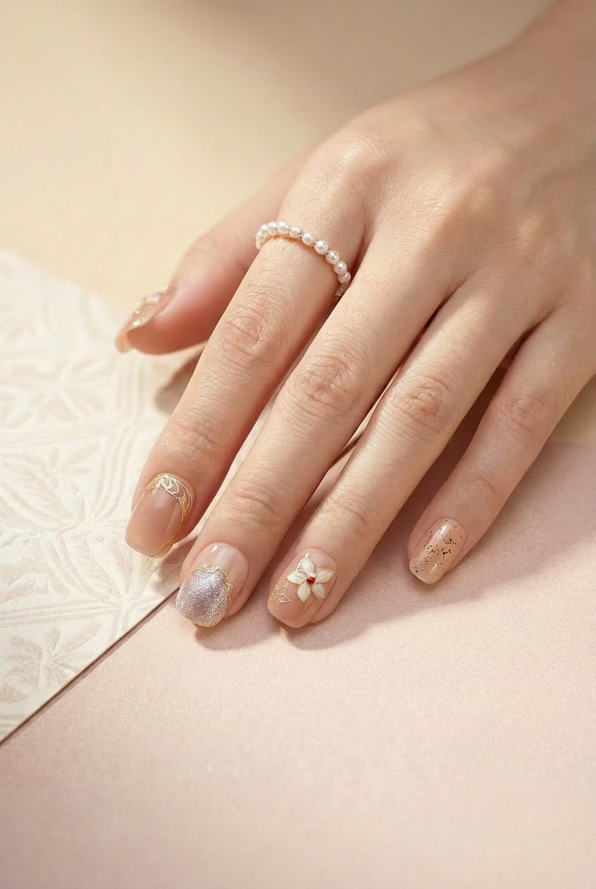Galactic Bloom - Handmade Short Coffin Press on Nails Pink Nude Fake Nails with Blossom Design 10Pcs Size L Complete Kit Press Ons - Eli Miré