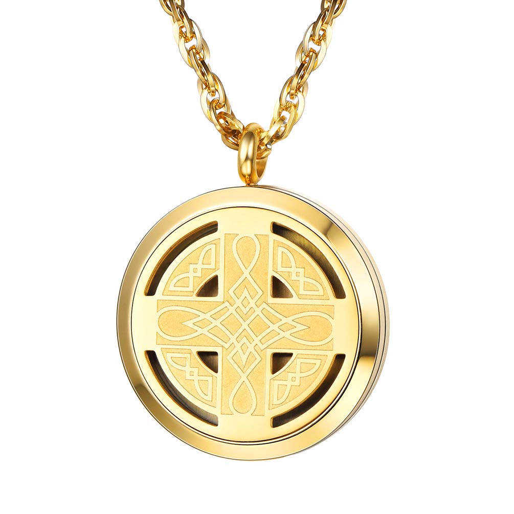 PROSTEEL Diffuser Necklace Locket Essential Oil Aromatherapy Celtic Knot Cross Pendant Gold Plated 30mm Round Womens Jewelry