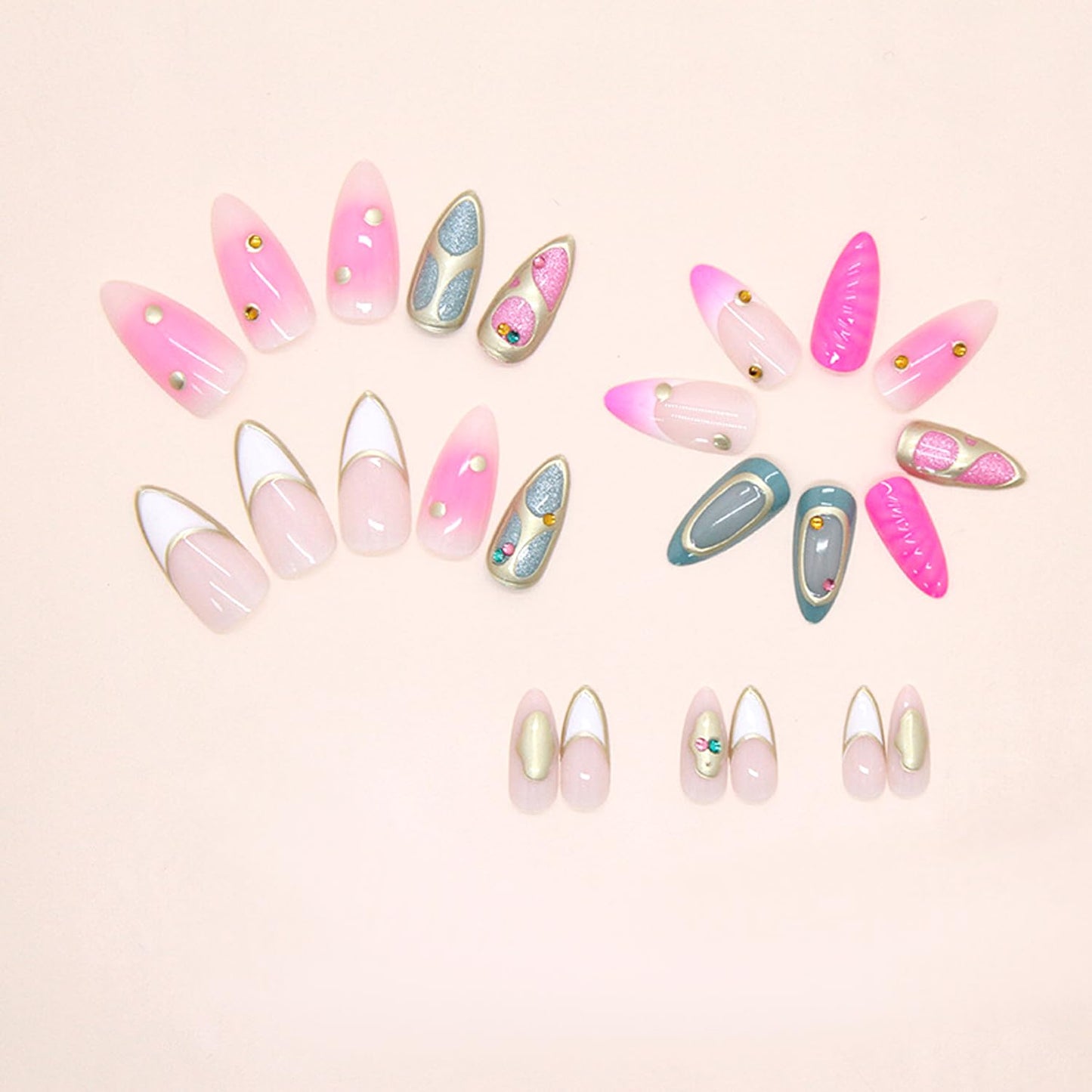 24Pcs White French Tip Press on Nails Medium Almond Fake Nails with 3D Sparkly Rhinestone Designs Chrome Gold False Nails Pink Smudge Full Cover Gilded Lines Glossy Artificial Stick on Nails for Women