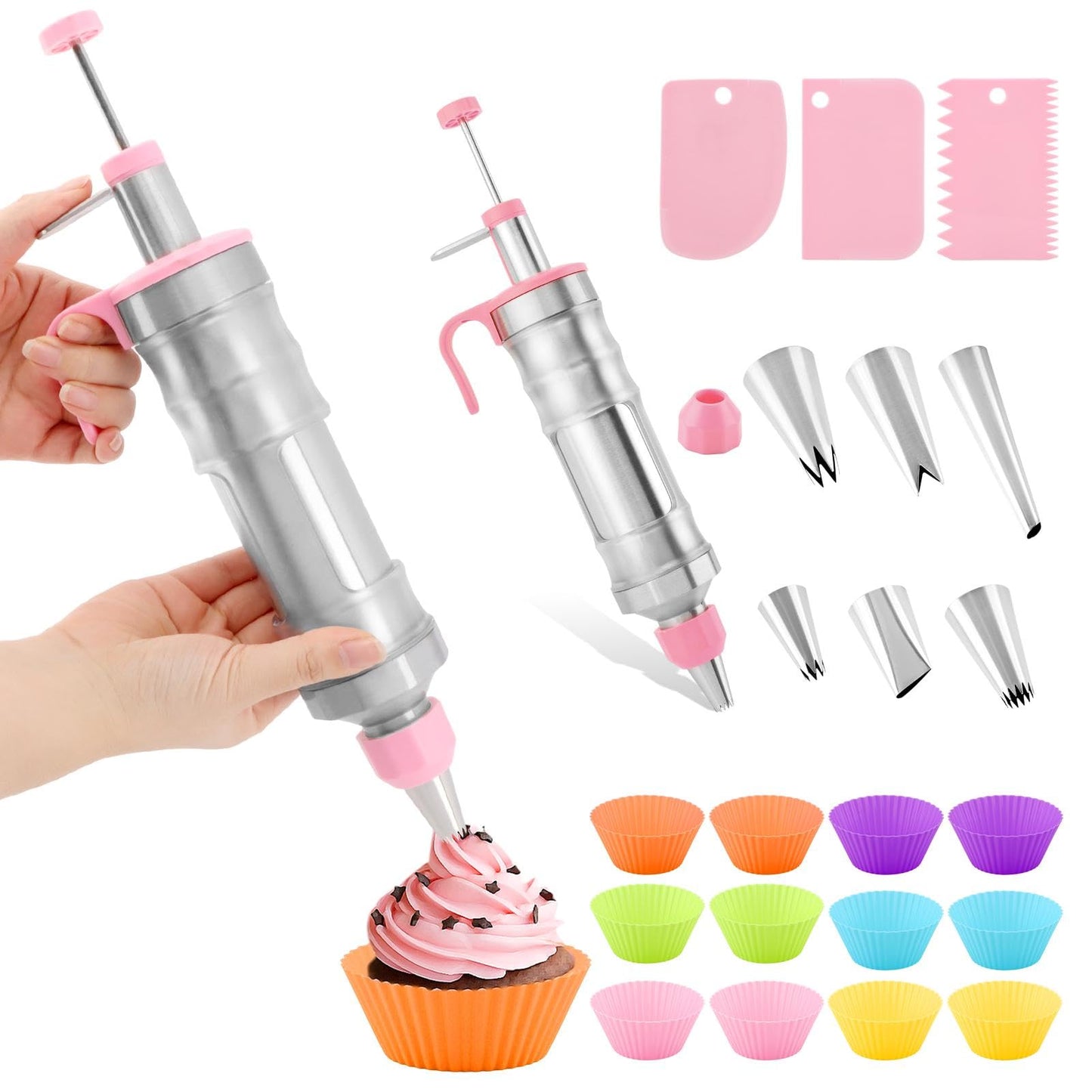 Dessert Decorating Syringe Set, 24Pcs Frosting Piping Kit with 6 Piping Tips, 12 Silicone Cupcake, Stainless Steel Cupcake Decorating Kit Piping Bags and Tips Set