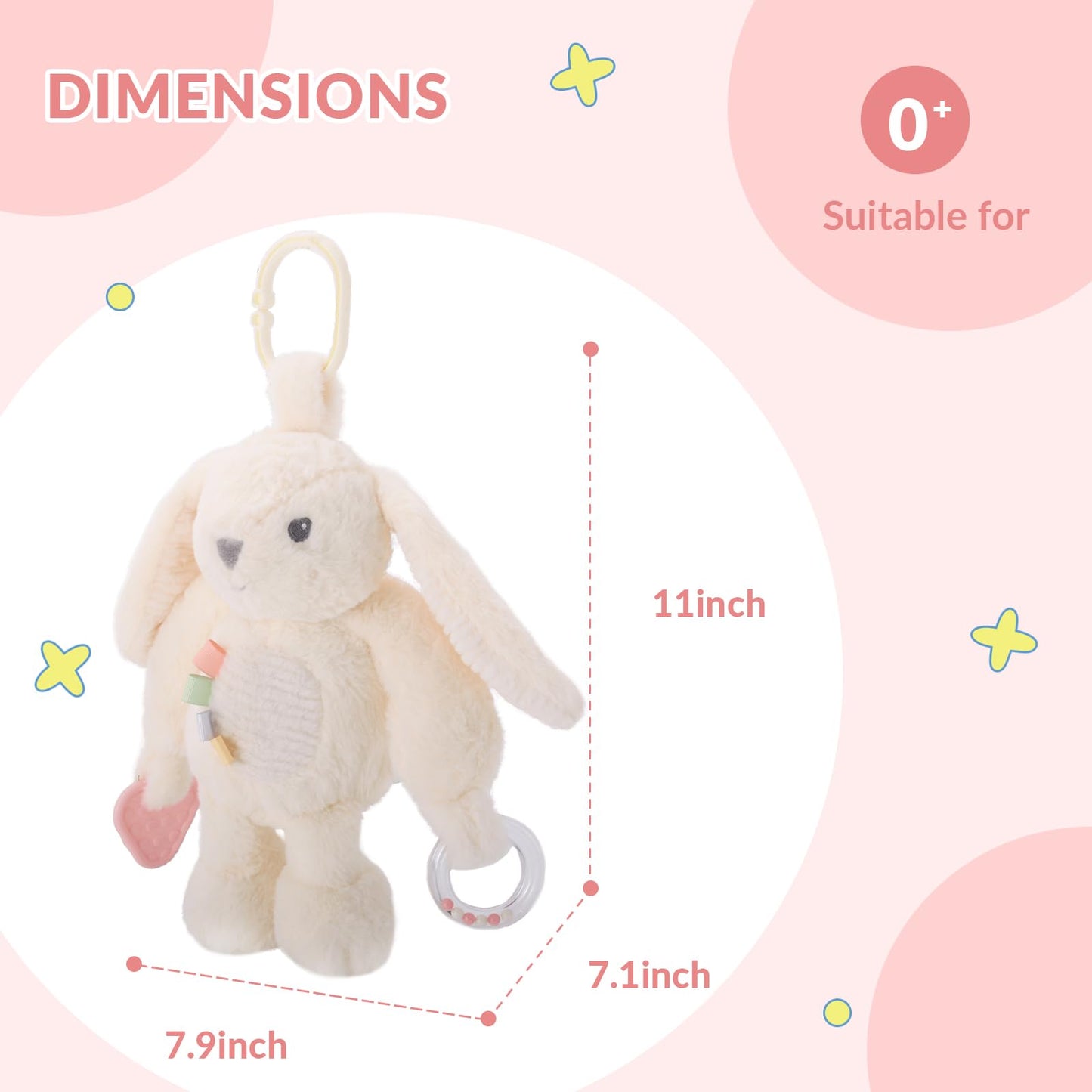 Linzy 10" Beige Bunny Baby Stroller Toy with TEETHERS and Rattle