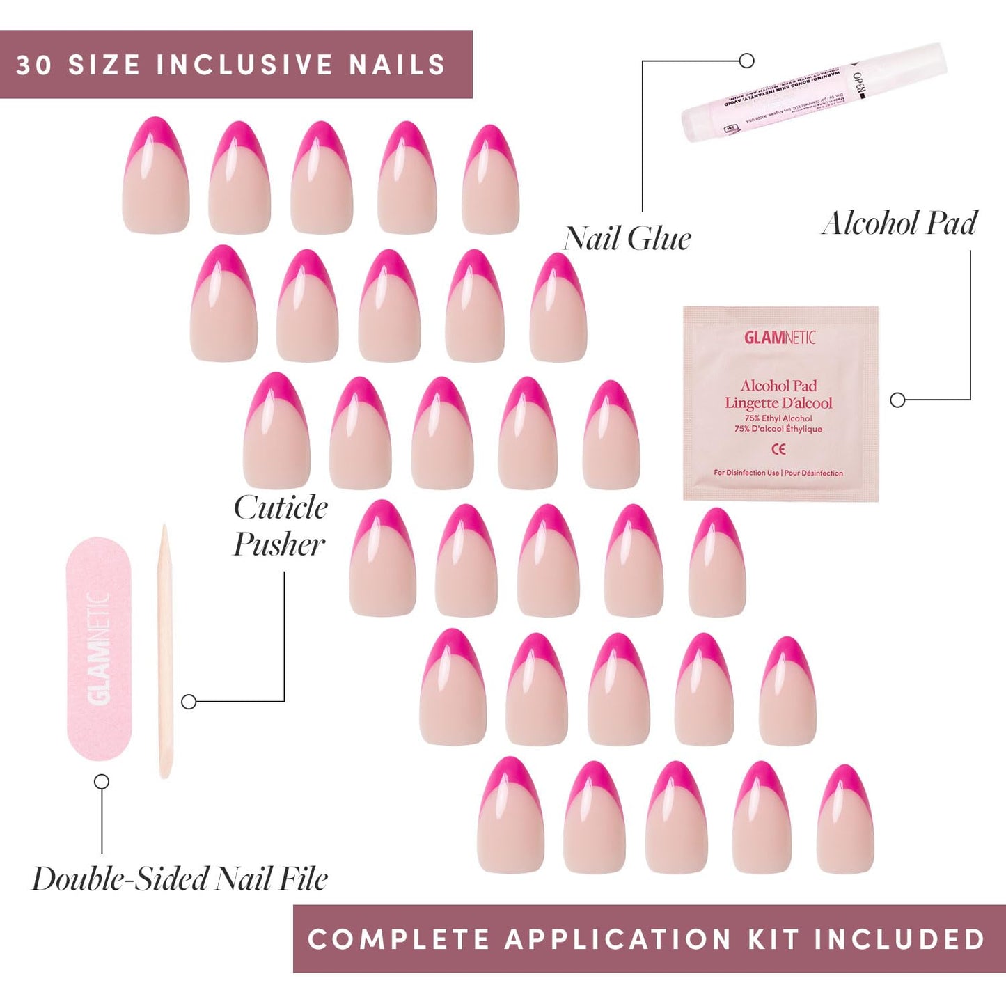 Glamnetic Press-On Nails - Raspberry Sorbet | Semi-Transparent Magenta Pink French Tip Short Almond False Nails | 15 Sizes - 30 Nail Kit with Glue and Remover
