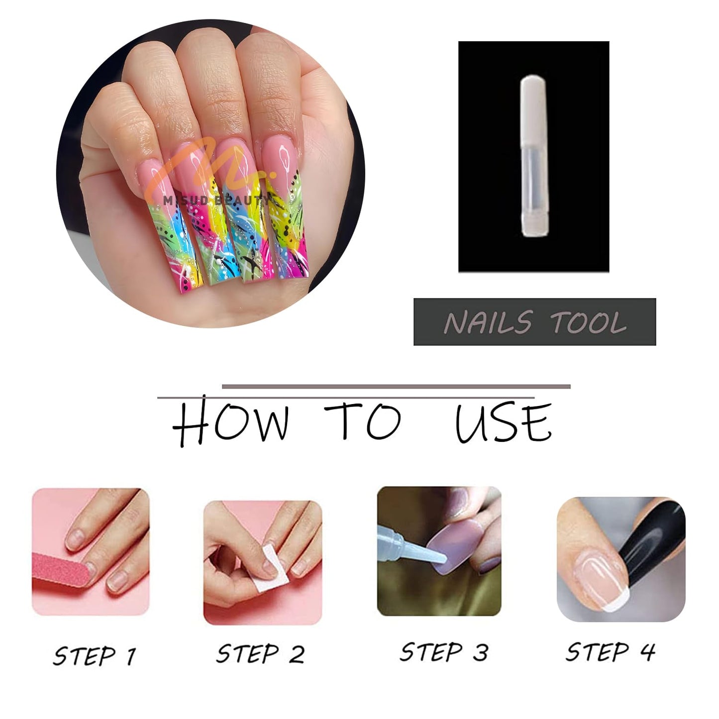 MISUD Press on Nails - Long Square Fake Nails with Summer Colorful, Acrylic Rainbow French Tip Design 24 pcs