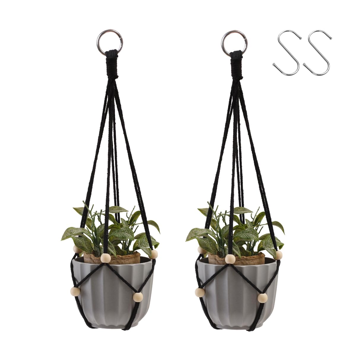 Artilady Black Hanging Planter for Indoor Plants Macrame Plant Hanger Large Hanging Plant Holder Basket with Adjustable Beads Outdoor Window Boho Plant Wall Decor (Black Bead-2pcs)