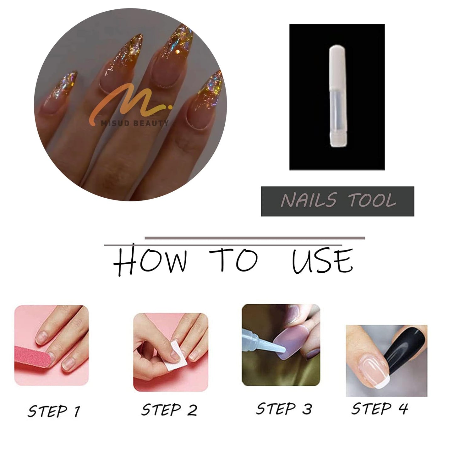 MISUD Press on Nails - Long Stiletto Glue on Nails with Orange Ombre, Acrylic Bling Glitter Rhinestone Design 24 pcs