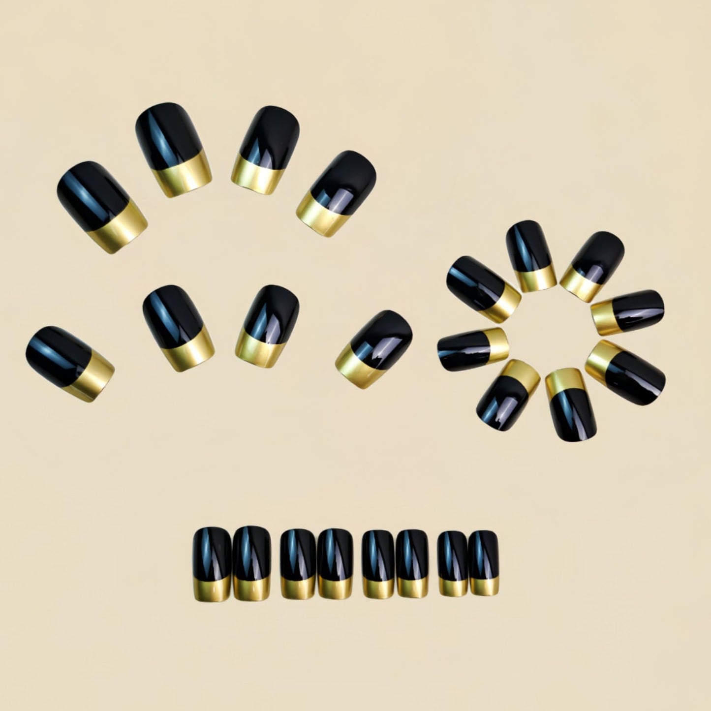 French Tip Press on Nails Square Shape Fake Nails Medium False Nails Gold Nail Tip Black Acrylic Nails Full Cover Glossy Stick on Nail Spring Summer Holiday Glue on Nails for Women Manicure 24 Pcs