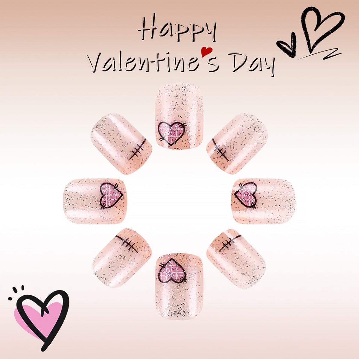 24Pcs Valentine's Press on Nails Short Square French Tip Fake Nails with Pink Heart Design Silver Glitter Artificial Nails Nude Full Cover Glue on Nails Valentines False Nails for Women DIY Nails
