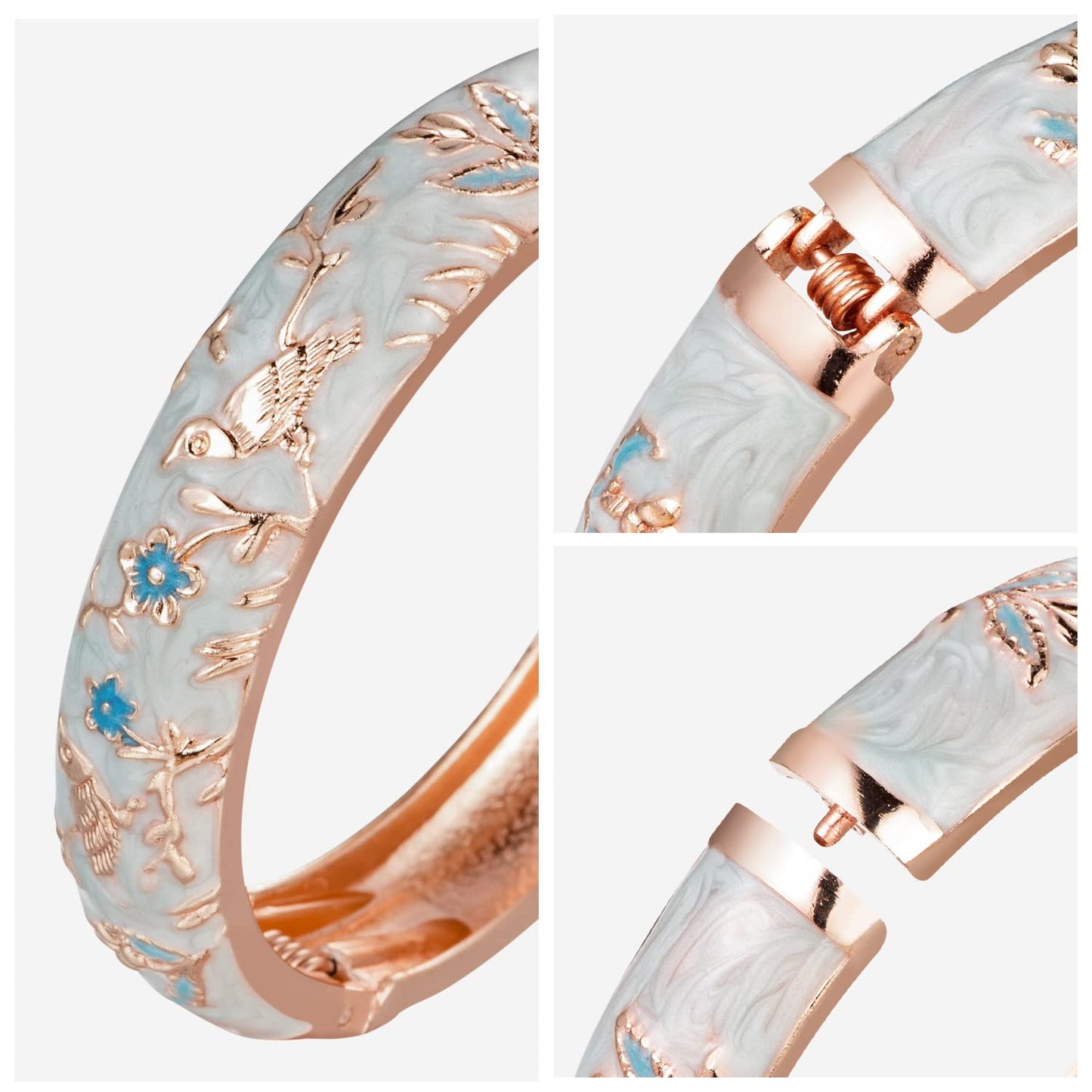 UJOY Colors Handcraft Jewelry Cloisonne Bracelet Enamel Bird Spring Hinged Womens Bangles Gifts Box 55C49 Light Blue