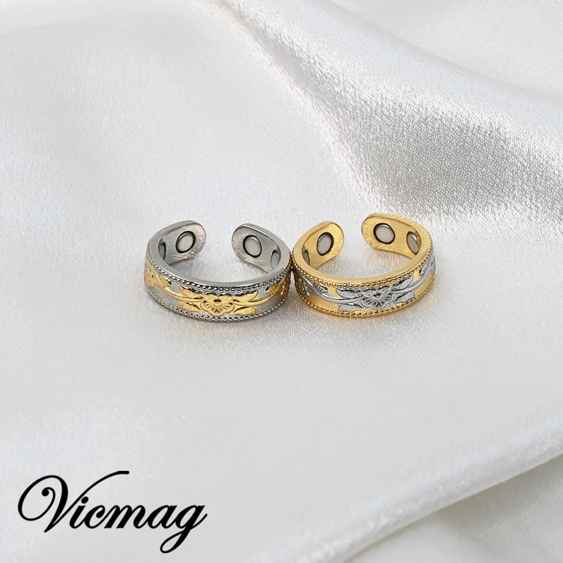 Vicmag Copper Magnetic Ring for Women, Magnetic Rings Ladies Fingers Thumb 100% Solid Pure Copper Jewelry Gift Adjustable(Gold Silver+Silver Gold)