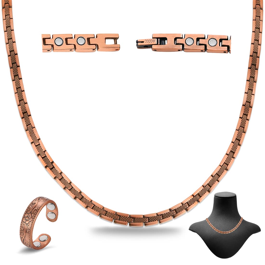 Cigmag Copper Necklace for Men Women - Magnetic Necklace 99% Solid Pure Copper Ring Set Ultra Strength Magnets - with Adjustable Sizing Tool and Present Box