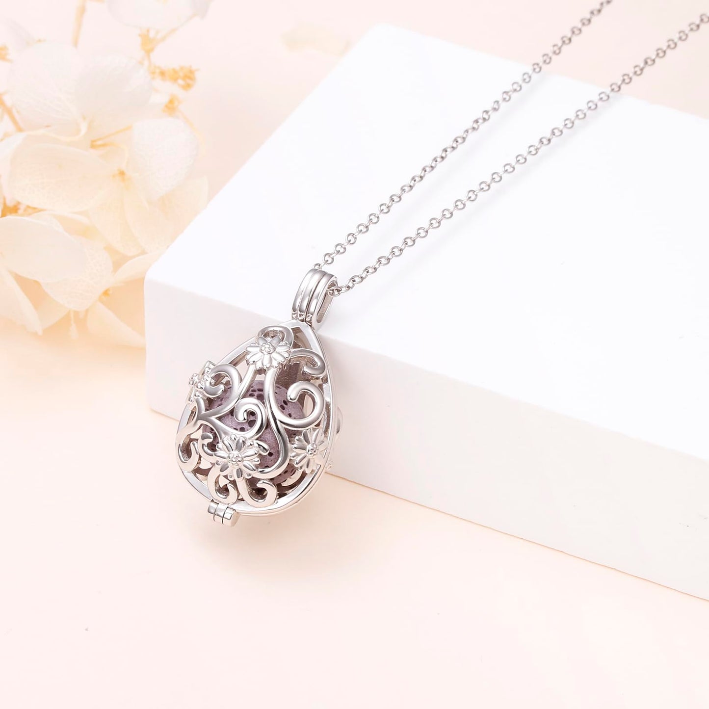 DAOCHONG S925 Sterling Silver Aromatherapy Essential Oil Diffuser Necklace Teardrop Flower Locket Perfume Pendant Necklace Jewelry 18+2 inches Adjustable Chain with 10 PCS Stones
