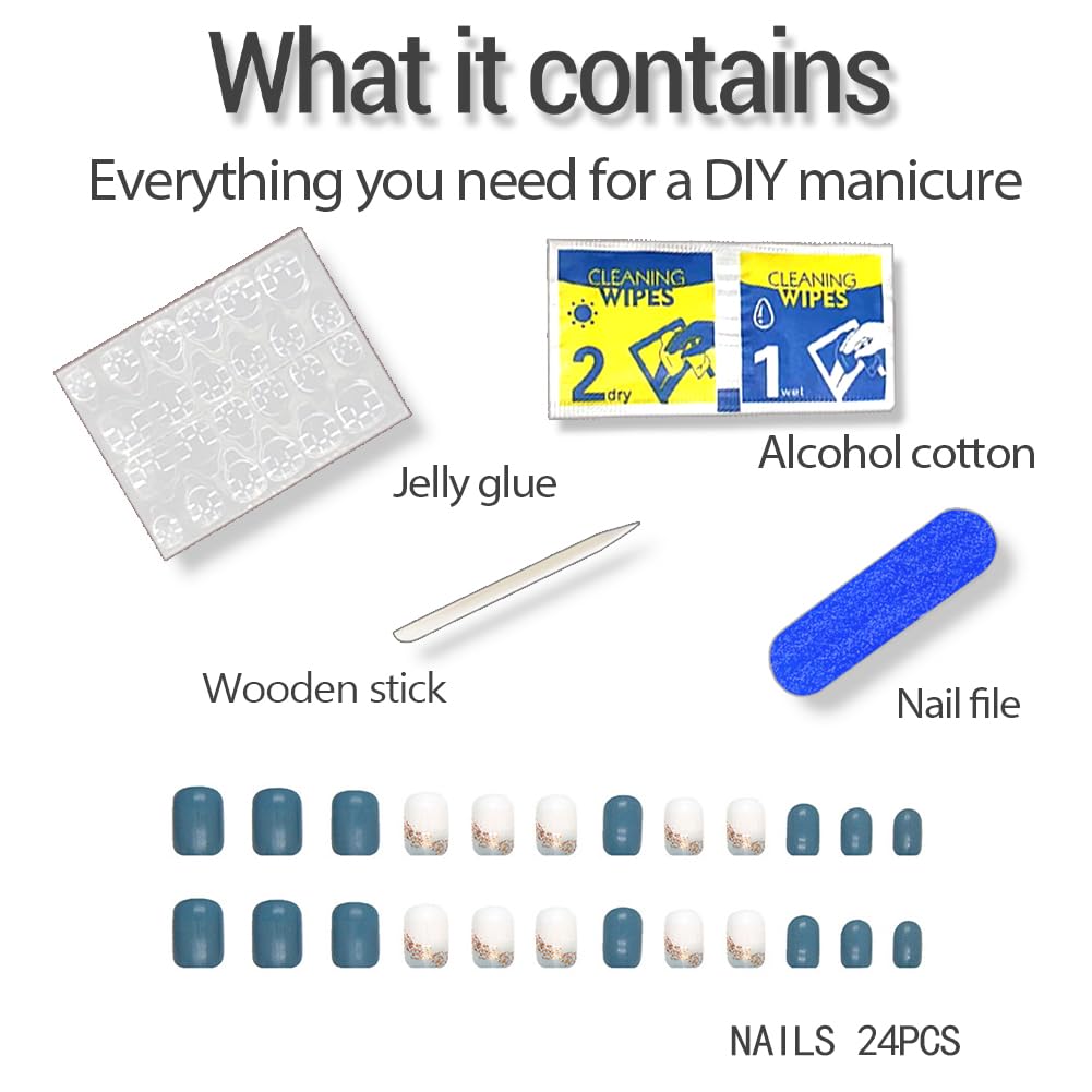 Extra Short Press On Nails Glue On Square Glossy Blue Fake False Nails with Glitter Press Ons Designs Artificial Stick on Nail for Women Girls 24Pcs