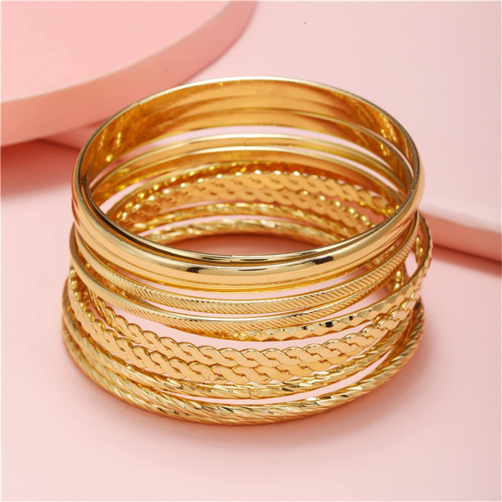 RINTOLER 12Pcs Gold Bangles for Women - Multi Layer Stackable Textured Gold Bracelets Boho Jewelrys Set.
