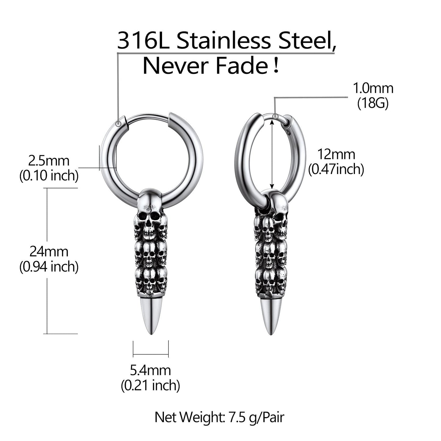 Stainless Steel Skull Hoop Earrings for Men Women Small Huggie Hoop Earring with Dangle Bullet Halloween Jewelry