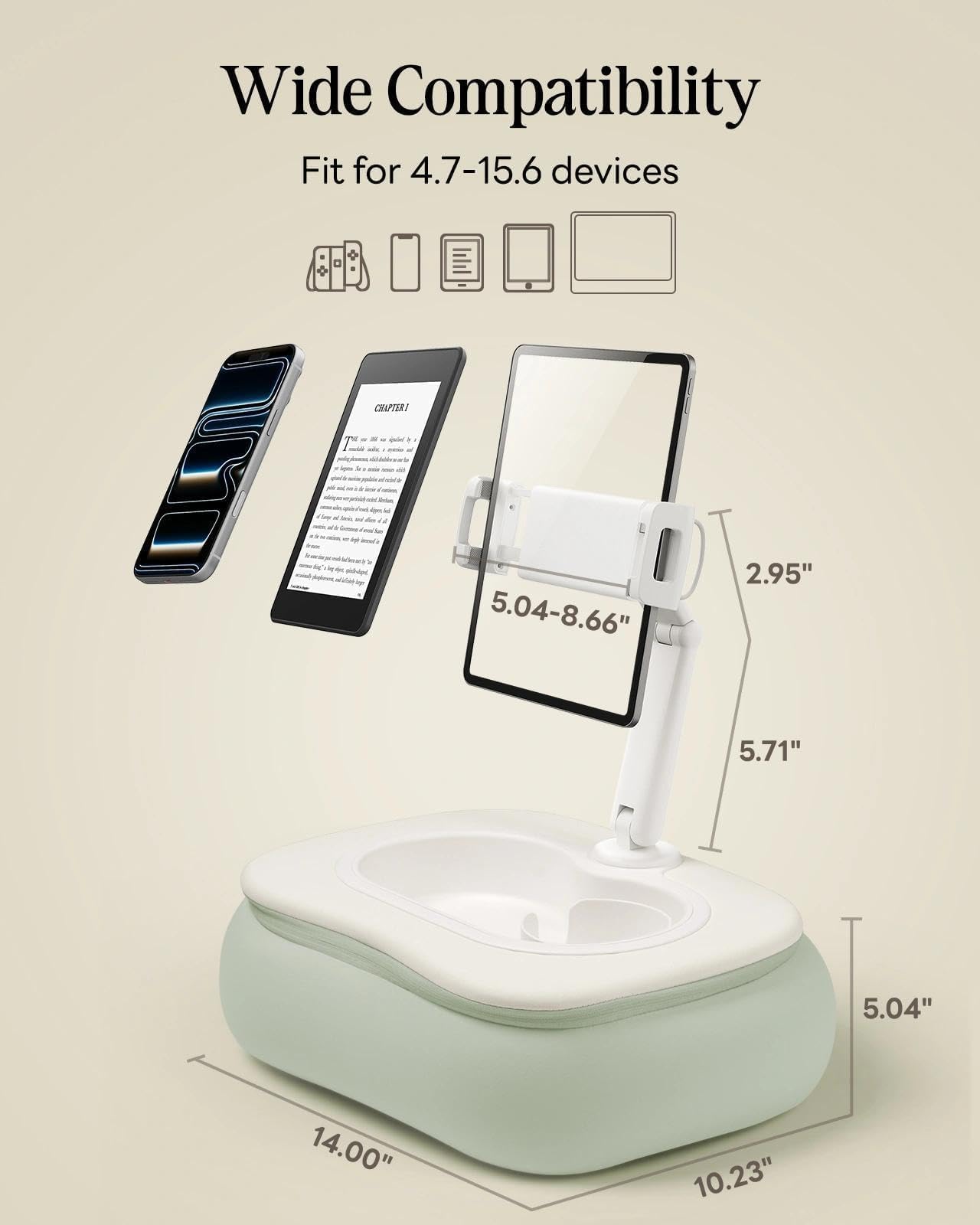 SAIJI Tablet Pillow Stand for Bed, Stable iPad Holder with Food-Grade Snack Bowl, Adjustable Kindle Pillow Stand for Reading, Suit for 4.7-15.6" Kindle,iPad,iPhone,Tablet,Green