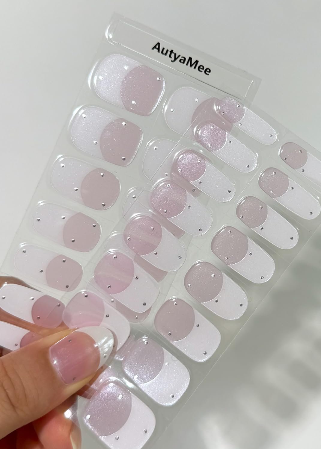 AutyaMee Semi Cured Gel Nail Strips (Chrome White French), Pearls, Glazed Donut, 30 Pcs Gel Nail Wraps, Stickers, UV Light Required