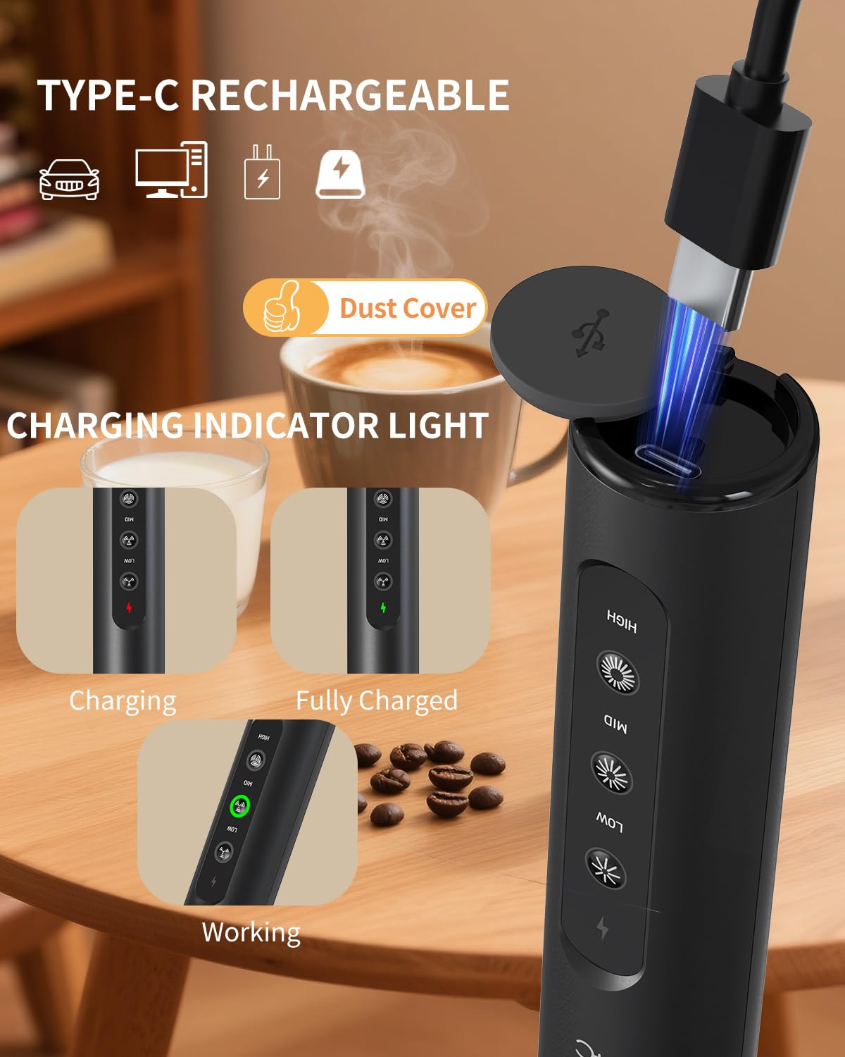 CIRCLE JOY Rechargeable Handheld Milk Frother Wand with 3 Variable Speeds, 3 Whisks and Storage Box, Electric Drink Mixer for Latte, Cappuccino, Hot Chocolate, Eggs and Protein Powder, Black