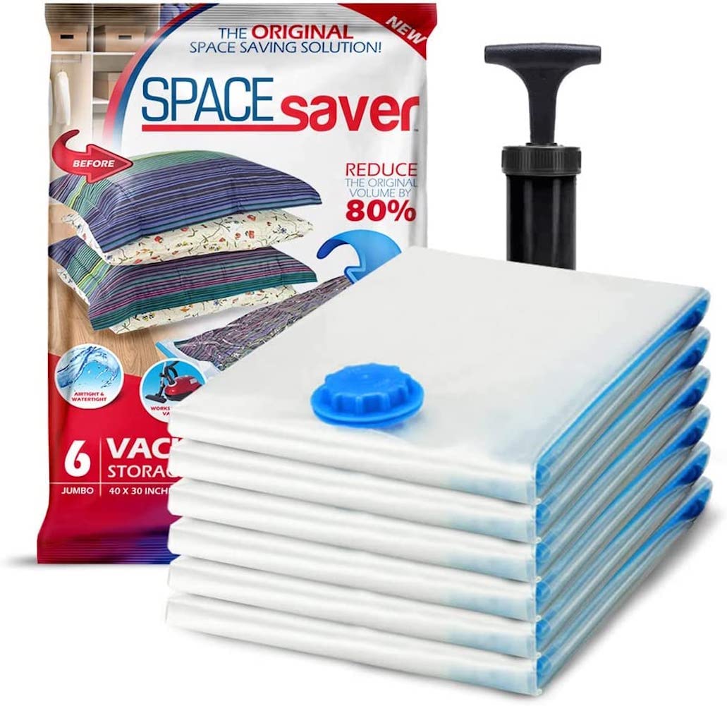6 Pack Jumbo Vacuum Storage Bags for Comforters, Blankets & Clothes – Vacuum Sealed Compression Bags with Hand Pump – Space Saver Storage Bags for Bedding, Moving, Travel & Organization