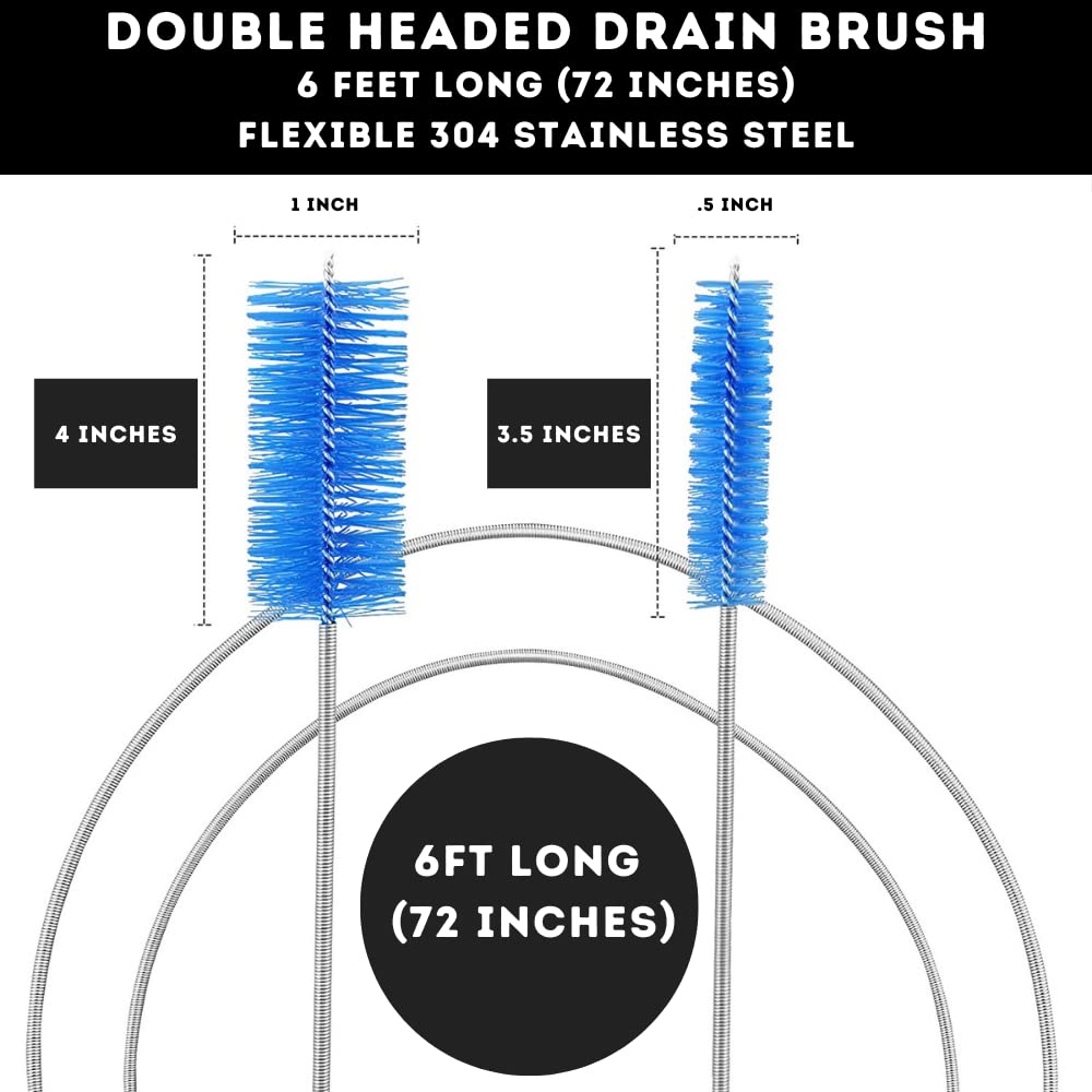 Flexible Drain Cleaning Brush (72" Long) for Drains, Bottles, Bathroom Sink, Bathtub, Shower, and Kitchen Sink, Heavy-Duty Double Ended Nylon with Elastic Hose, Bathroom Essentials, Black