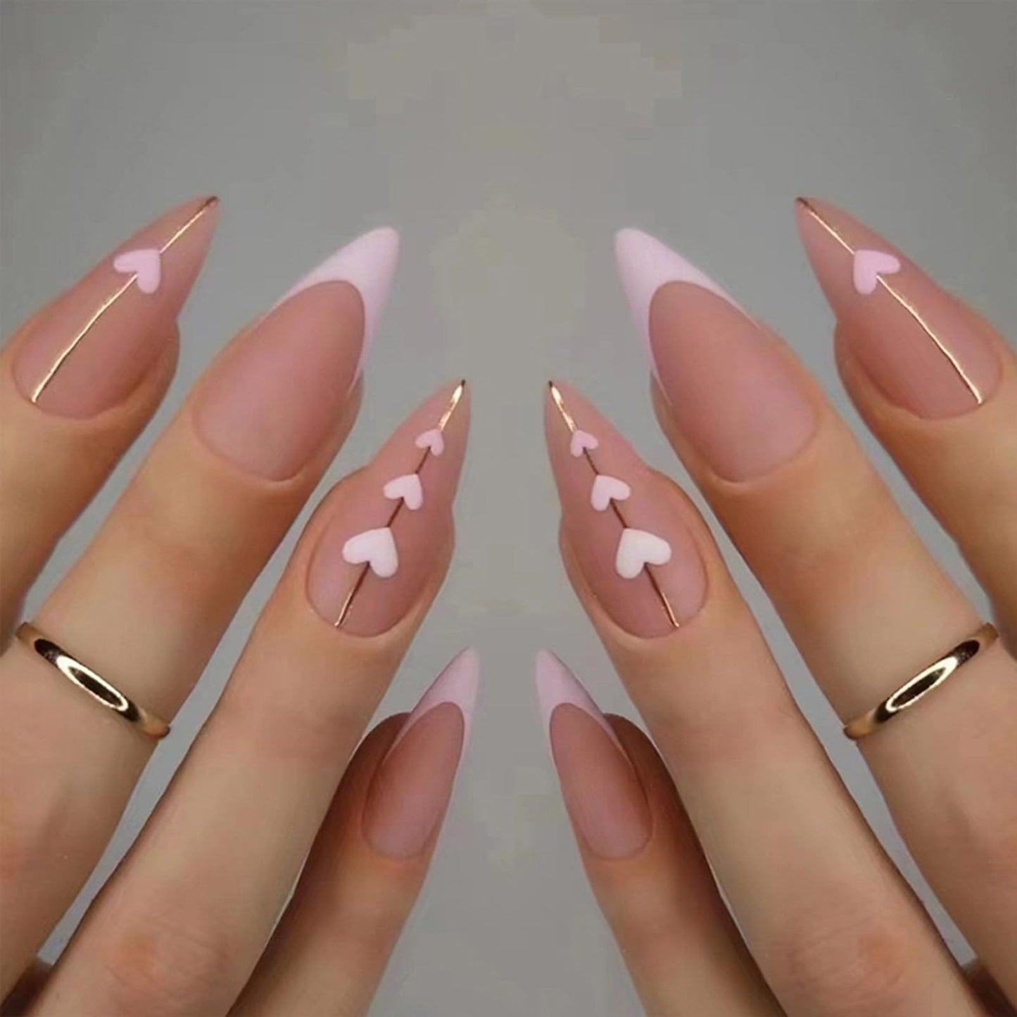 TOGZOM French Tip Heart Almond Press On Nails, 24 Pieces, Pink Heart Design, Glue On Nails, Medium Coverage, Matte Finish ABS Plastic, DIY Salon-Quality Manicure