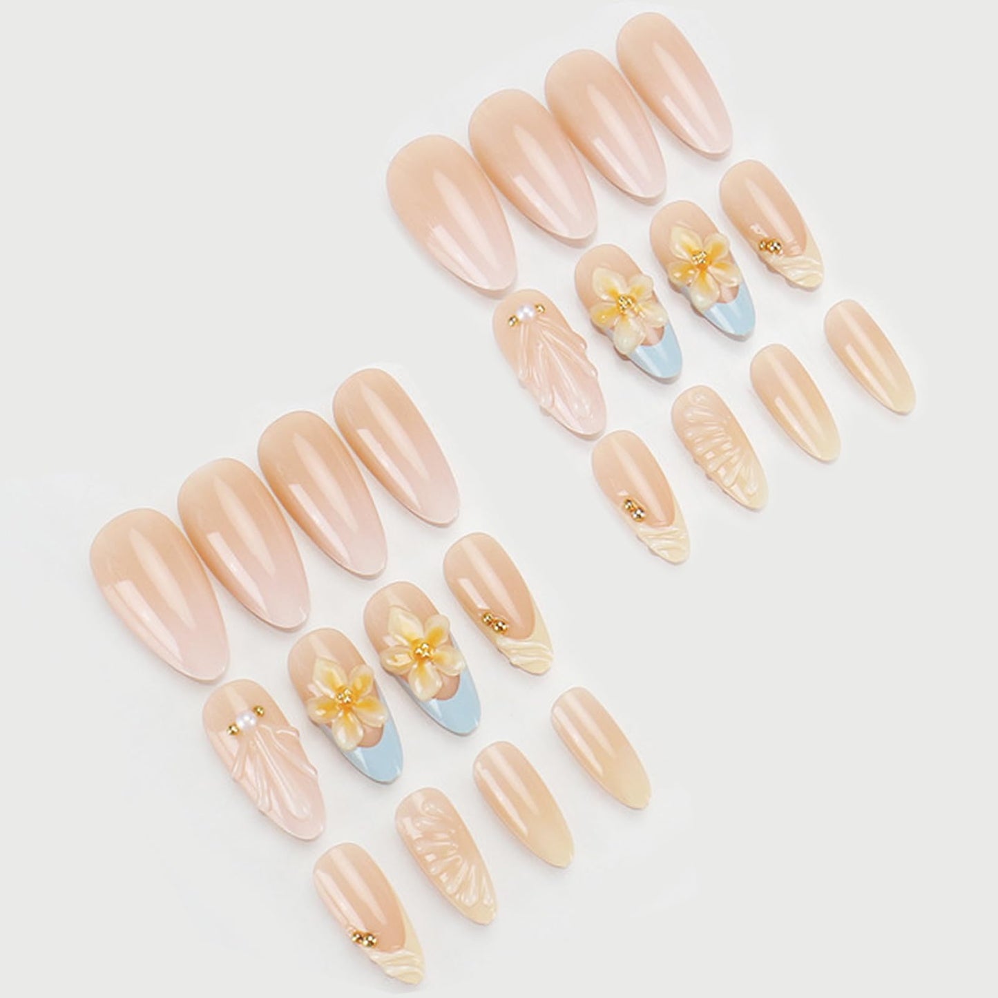 IMSOHOT Press on Nails Medium Almond, Blue Yellow French Nail Tips, Full Cover Handmade Acrylic False Nails with 3D Flower Designs, Reusable Fake Nails for DIY Manicure in 24 Pcs