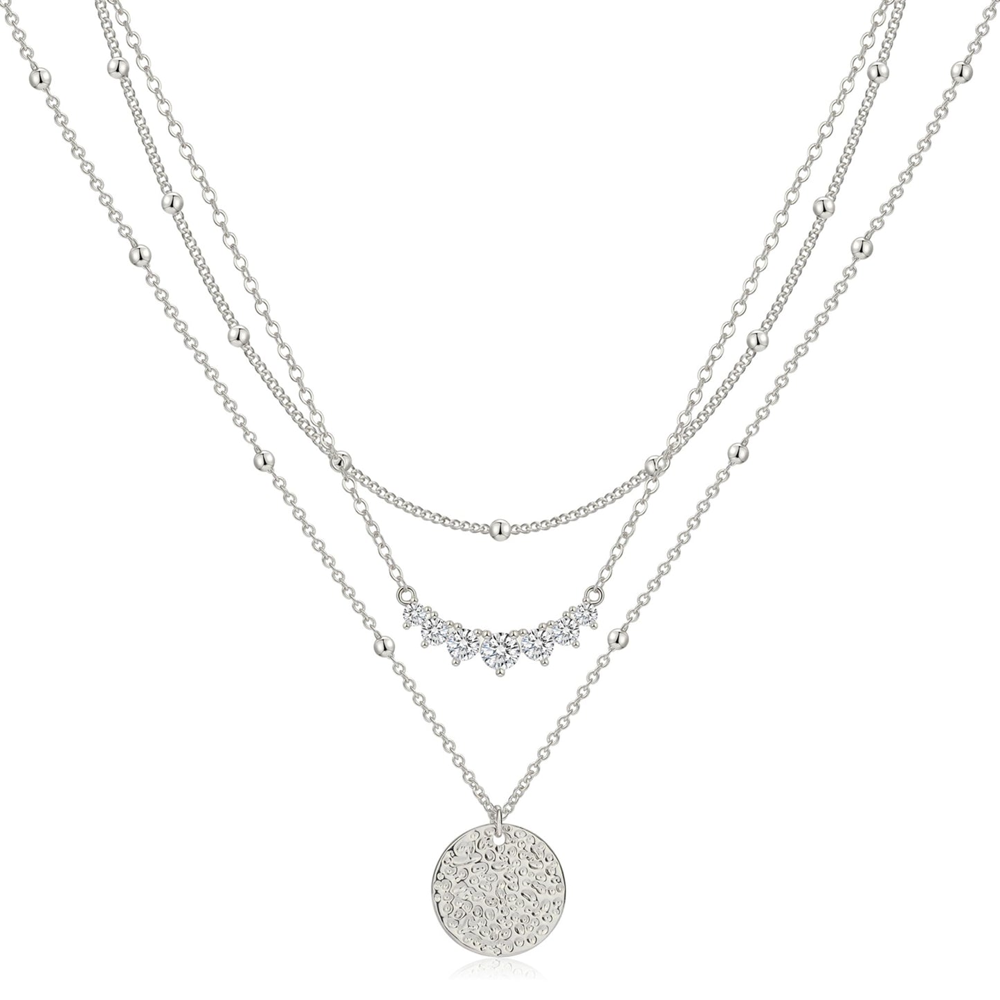 Kyerlyn Layered Silver Necklaces for Women, Stackable Stack Necklaces for Women Trendy Dainty Layering Circle Pendant Choker Chain Set CZ Jewelry Gifts