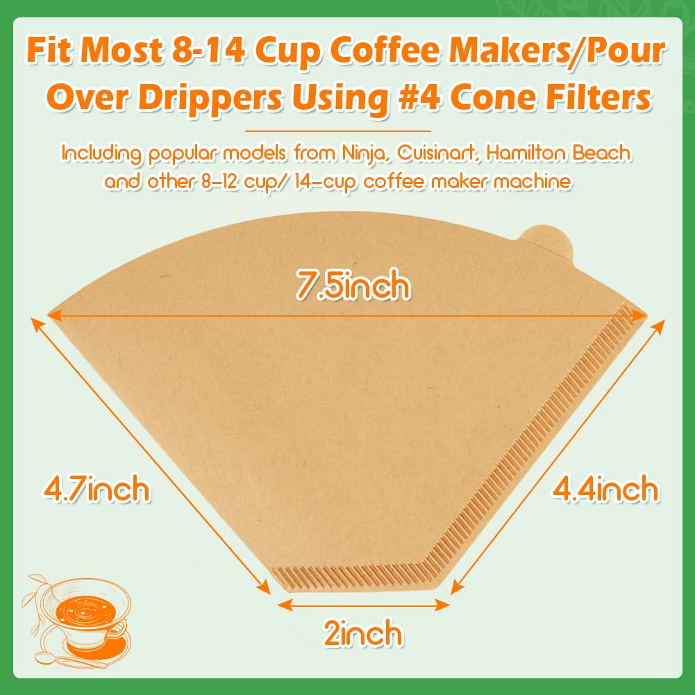 BYKITCHEN 400PCS #4 Cone Coffee Filters Fits 8-12 Cup & 14 Cup Coffee Makers, Size 4 Unbleached Disposable Coffee Filter Paper, Compatible with Ninja, Cuisinart 12-Cup/ 14-Cup & Drip Coffee Machine