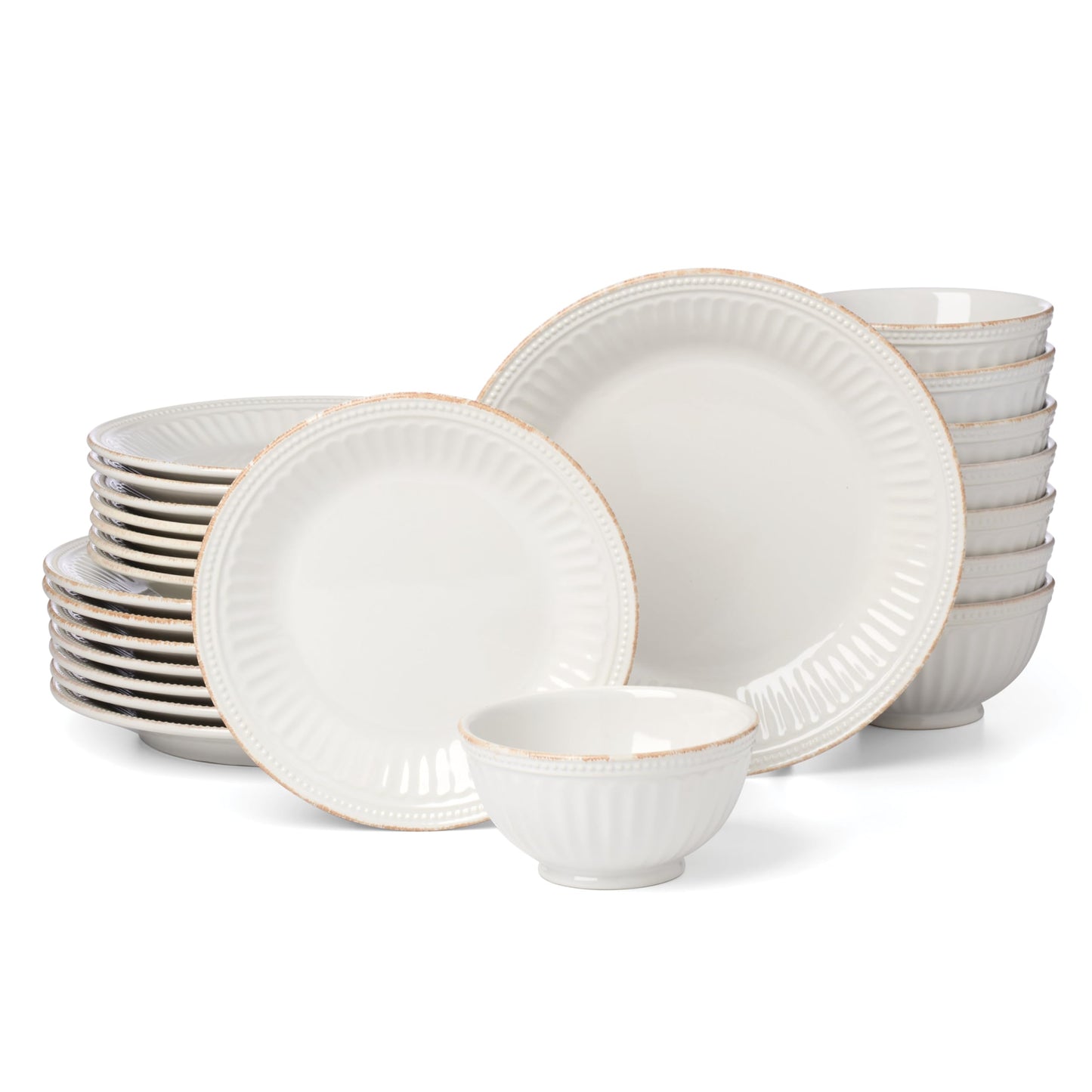 Lenox Dinnerware Sets, French Perle Groove White 24-Piece Dinnerware Set, Service For 8, Stoneware, Dishwasher Safe, Microwave Safe, Bowls, Plates And Bowls, Dinner Dishes, Plates (White, 24 Piece)