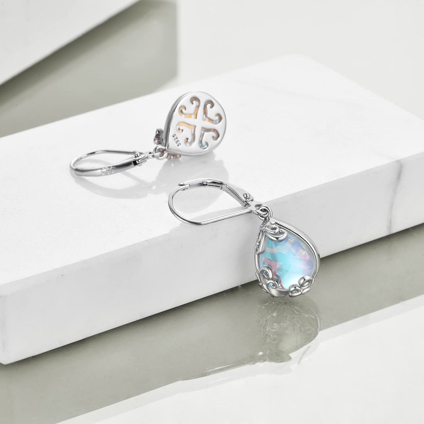 POPLYKE Moonstone Filigree Teardrop Drop Dangle Earrings Sterling Silver Leverback Earrings Moonstone Jewelry Gifts for Women