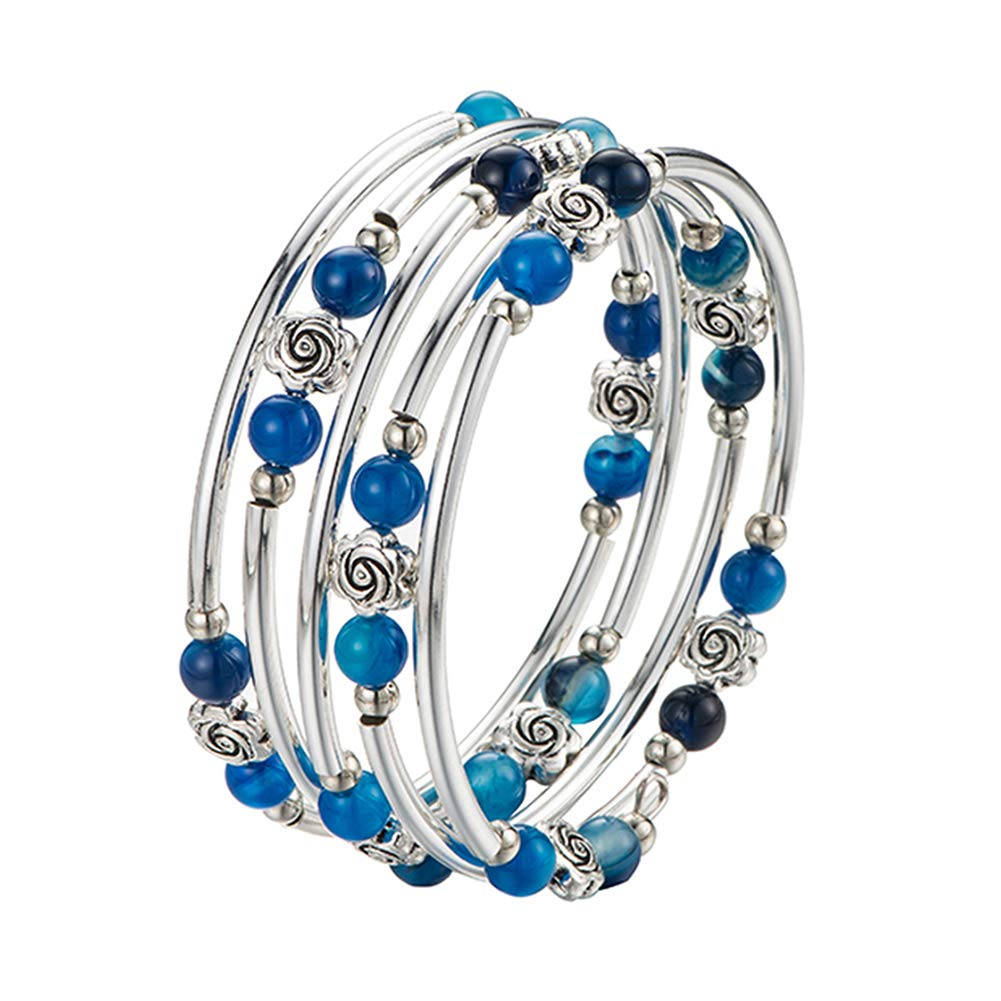 BULINLIN Wrap Bangle Rose Bead Bracelet - Beaded Bracelet with Natural Agate Stone Gifts For Women(01-Agate blue)
