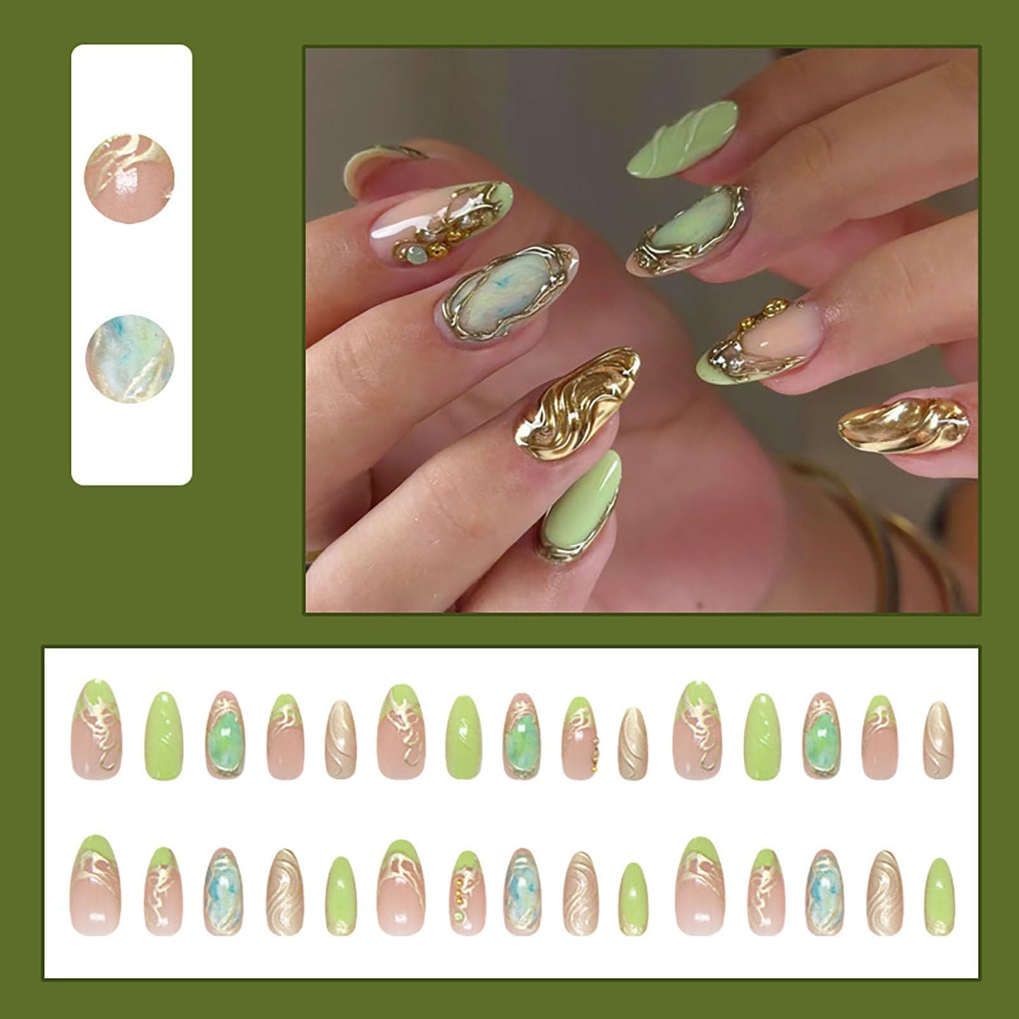 RUOKEXIN Almond Press on Nails Medium Fake Nails Gold Sparkly False Nails with Designs Green Nail Press ons Glossy Artificial Nails for Women 30Pcs